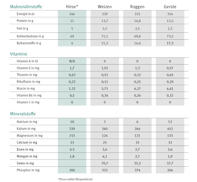 Nährwerte von Hirse